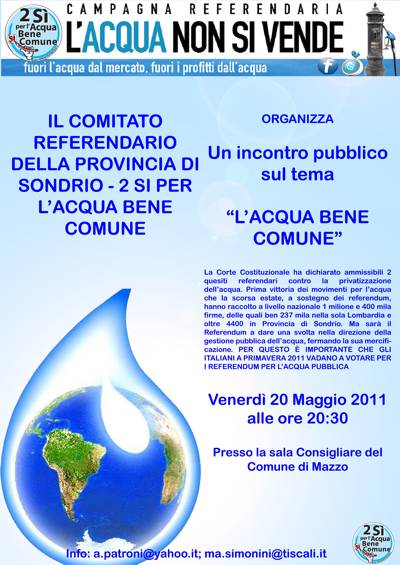 Acqua bene comune: serata informativa a Mazzo di Valtellina